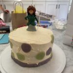 Round cake with white frosting and purple and green polka dots. A marzapan suffragette figurine is on top with a flag that reads Votes for Remy